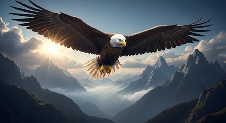 Fototapeta premium Majestic eagle soaring above misty mountains at sunrise represents freedom and power in nature