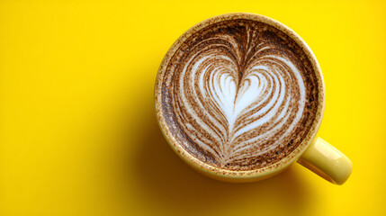 A beautifully crafted cup of coffee with heart latte art on a vibrant yellow background