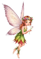 Fairy Illustration: Enchanting Forest Sprite with Flower Crown and Wings