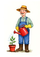 Farmer Watering Plant in Pot - Cartoon Illustration