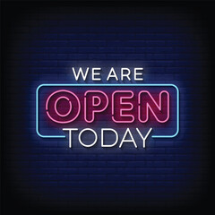 we are open today neon sign with brick wall background vector
