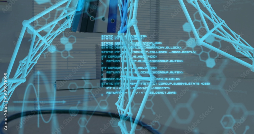 Poster floating holographic wireframe displaying humanoid lower torso in tech lab, with code and diagrams