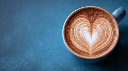 Heart-shaped latte art in a blue cup on a textured surface, evoking warmth and comfort