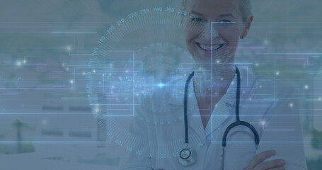 Standing female doctor crossing arms in lab, with white coat, stethoscope, tech overlay, copy space
