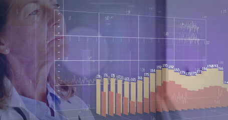 doctor wearing lab coat and stethoscope studying metrics in clinical lab, with display, copy space