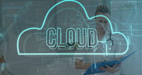 Holding blue folder, nurse in scrubs with stethoscope displaying cloud in hospital room, copy space