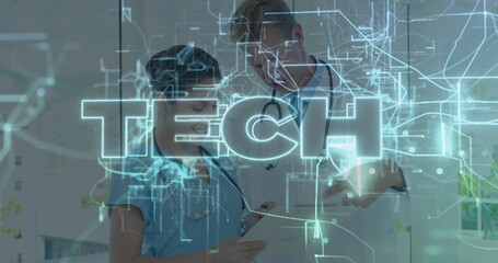 Standing nurse in blue scrubs and doctor examining chart in hospital corridor, with digital overlay