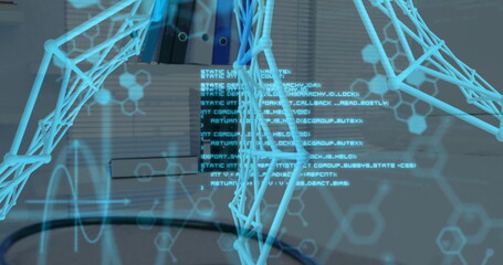 Floating holographic wireframe displaying humanoid lower torso in tech lab, with code and diagrams
