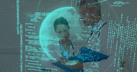 Reviewing doctors examining patient charts in clinic corridor, with digital globe overlay