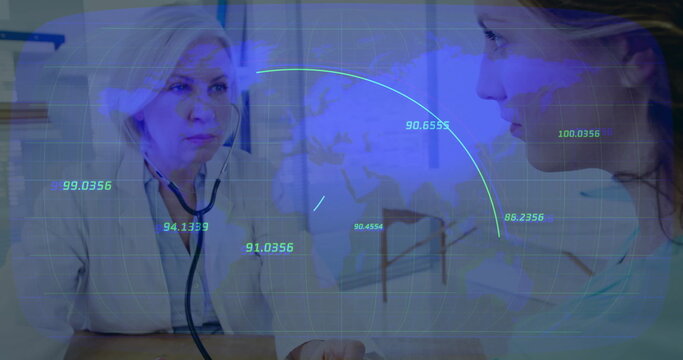 White coat doctor placing stethoscope on adult patient in clinic, with holographic display - Powered by Adobe