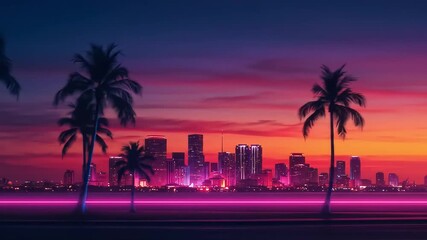 Glowing Neon Palm Trees at Miami Sunset - Powered by Adobe