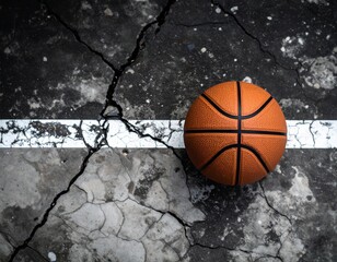 A lone basketball rests on the white line of a weathered and cracked urban street court