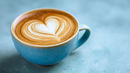 A beautifully crafted latte with a heart design in a blue cup on a soft textured background