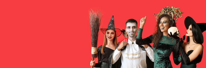 People dressed for Halloween on red background with space for text