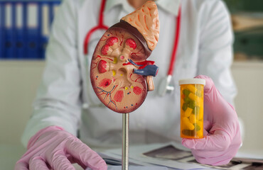 Medical professional discusses kidney health with a model and prescription medication concept