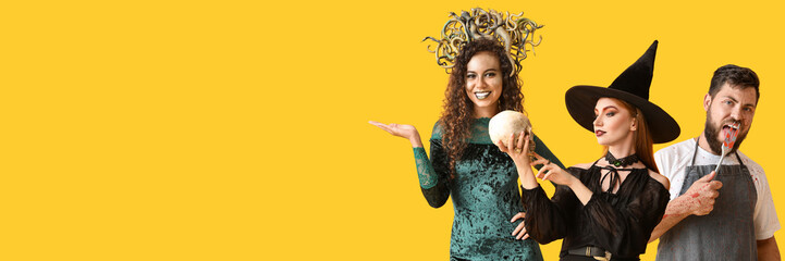 People dressed for Halloween on yellow background with space for text