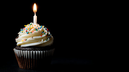 A beautifully decorated chocolate cupcake with a lit candle and colorful sprinkles on a dark background
