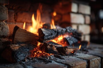 Warm fire glowing in a brick hearth