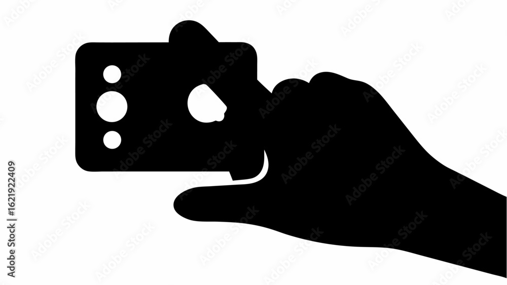 Poster silhouette of a hand holding a device with circular elements and a finger on the trigger button