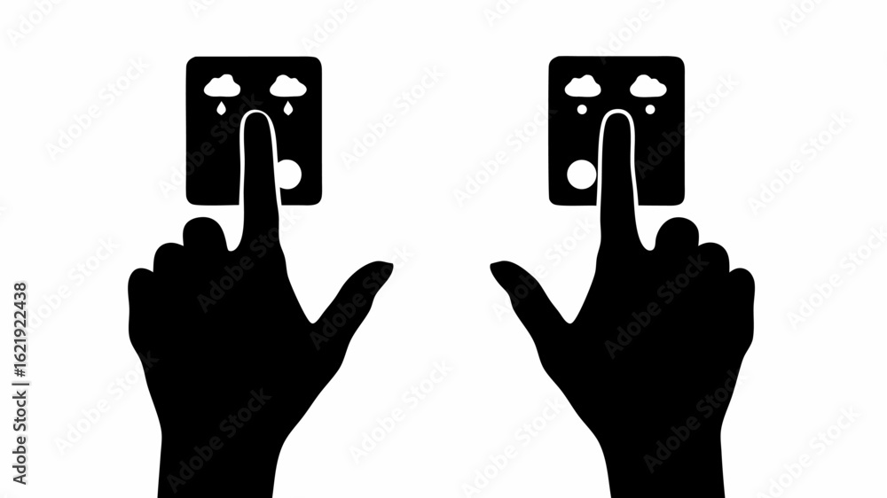 Poster two hands pressing weather control buttons with rain clouds and sun icons on a white background scen