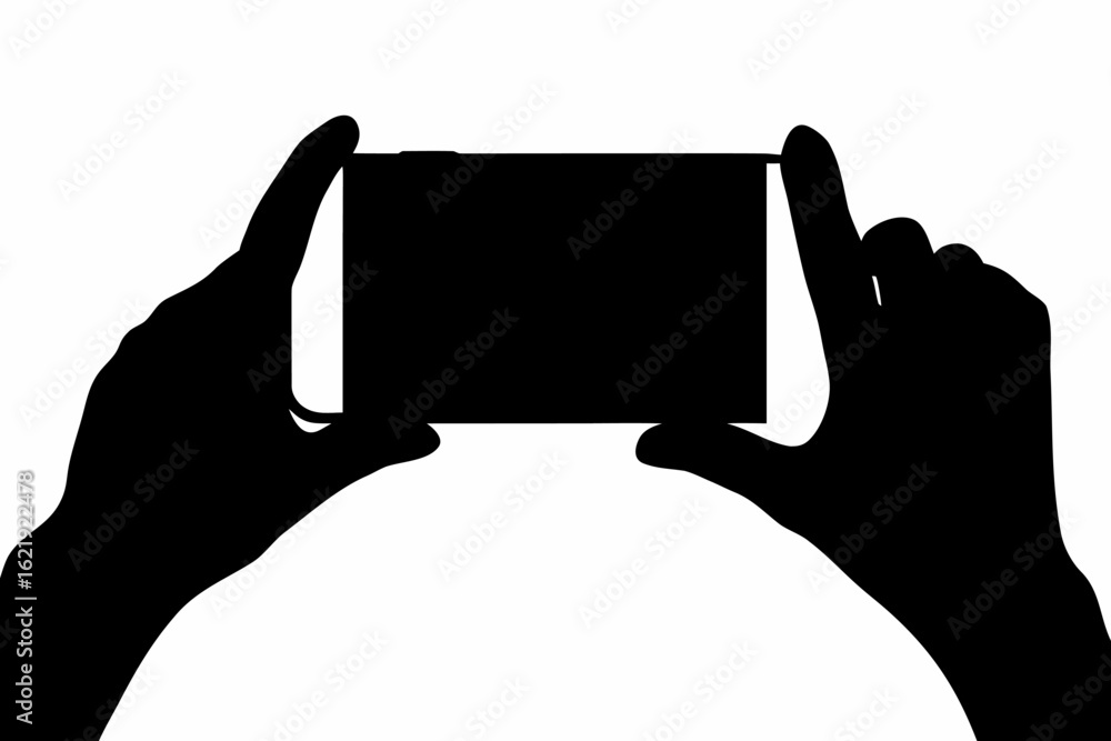Poster silhouette of hands holding a rectangular object against a white background in a horizontal orientat