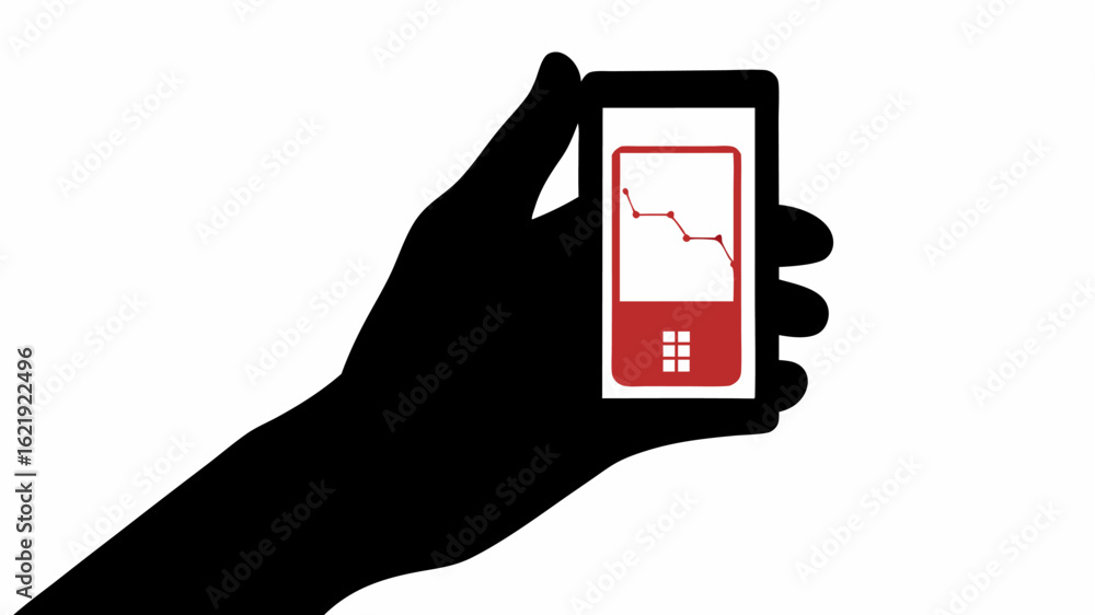 Poster silhouette of hand holding smartphone displaying a downward trending graph and a red interface desig