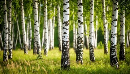 Gordijnen Serene birch forest landscape featuring vibrant green foliage and sun-dappled grassy undergrowth © Alfaro
