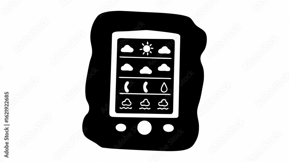 Poster weather application on a mobile device displaying sun clouds rain and waves in a black and white ske