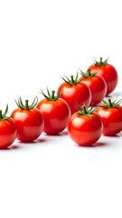 Fresh tomatoes in a diagonal line against a white background