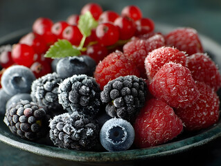 Frosty berry medley with strawberries, blackberries, blueberries, redcurrants sparkling with ice crystals on dark, glistening surface