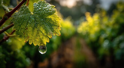 Dewdrop clinging to a vibrant green vine leaf, bathed in morning sunlight