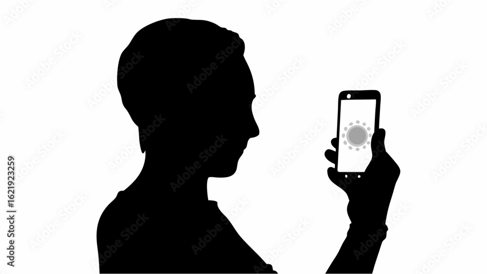 Aufkleber silhouette of person holding a smartphone displaying a loading icon on the screen in black and white