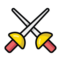 Flat vector icon of two crossed fencing swords with yellow guards and red handles. Ideal for sports themes, educational tools, apps, games, and martial arts illustrations.