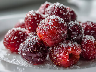 Glistening red raspberries coated in sparkling sugar crystals, offering sweet indulgence and vibrant culinary potential