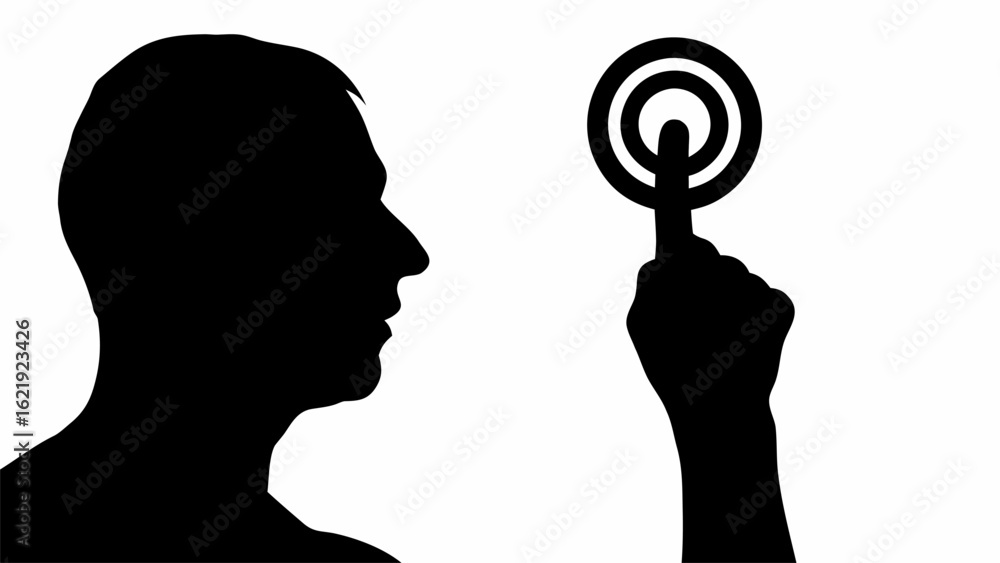 Poster silhouette of a man looking at a target being touched by a hand on a white background design view