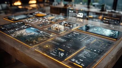 Transparent smart home technology featuring touchscreen panels, interactive controls, smart lighting interfaces, IoT integration, futuristic home automation designs, and clean UI elements.