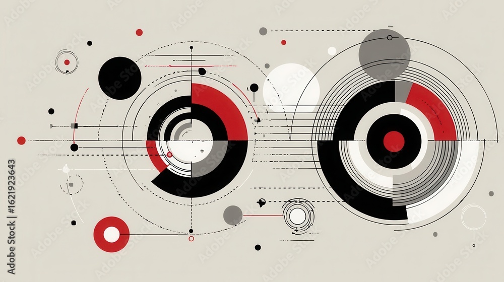 Poster geometric abstract design with concentric circles and lines.