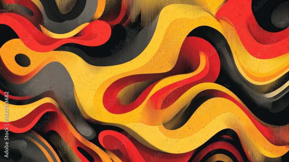 Poster abstract design with dynamic, swirling shapes and bold color combinations.