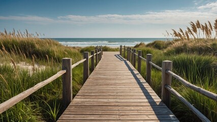 Fototapeta premium Boardwalk to Beach over Sand Dunes with Blue Sky