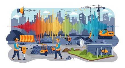 Vibrant Construction Site Noise Pollution Illustration for Urban Development Awareness