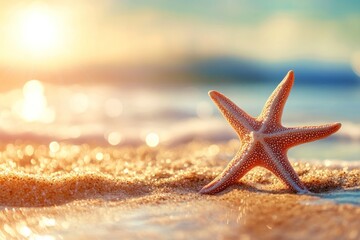 Sunny seaside with starfish close-up, warm tones and relaxing beach vibe