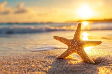 Sunny seaside with starfish close-up, warm tones and relaxing beach vibe