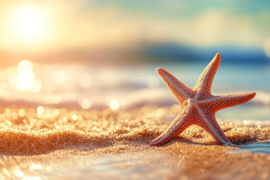 Sunny seaside with starfish close-up, warm tones and relaxing beach vibe