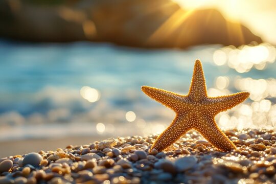 Sunny seaside with starfish close-up, warm tones and relaxing beach vibe
