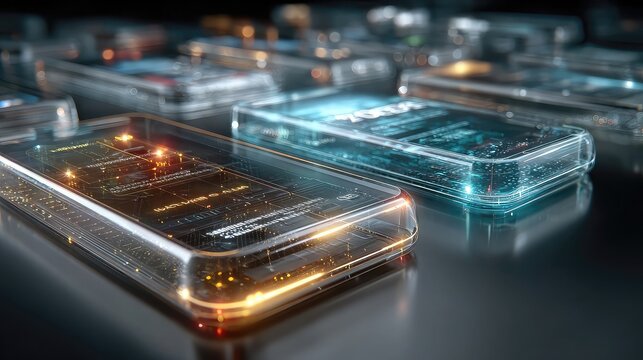 Transparent screens on futuristic mobile devices emphasizing OLED clarity, borderless visuals, interactive touch layers, and advanced display technology for high-end tech design.