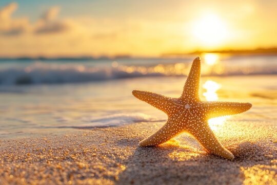 Sunny seaside with starfish close-up, warm tones and relaxing beach vibe