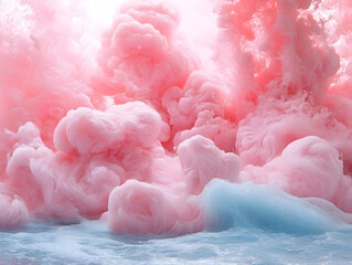 Soft pink ink cloud swirling underwater, blending with light blue tones and creating hypnotic abstract patterns in liquid movement