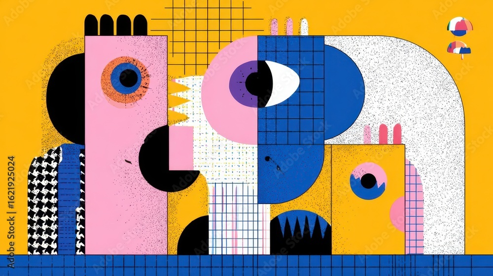 Poster geometric abstract composition of various shapes and colors.