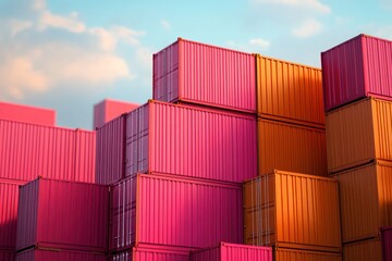 Fototapeta premium Stack of vivid red, pink, and orange cargo containers at busy port, 3D industrial rendering