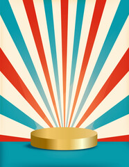 Vertical retro background with red blue beige sunburst and golden stage podium. Fun fair carnival circus composition. Vector illustration with empty space